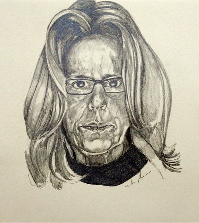 A drawing of a man with long hair.