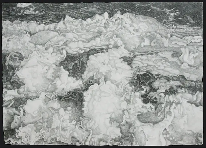 A black and white photo of some water