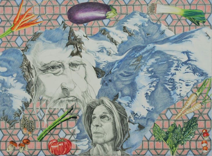 A mosaic of vegetables and faces in the middle.