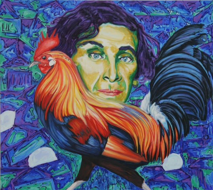 A painting of a woman with a rooster on her shoulder.