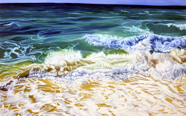 A painting of the ocean and beach shore.