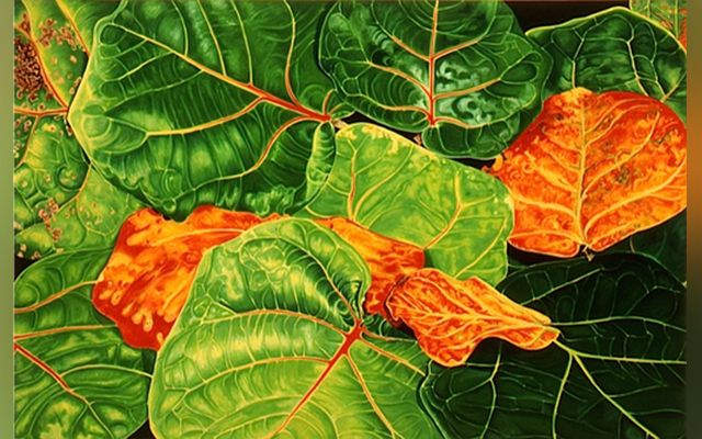 A painting of green and orange leaves