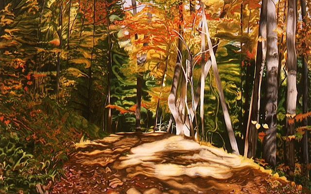 A painting of trees in the woods with leaves on them