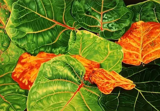 A painting of green and orange leaves