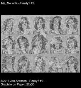 A drawing of many different faces with one woman holding her head.